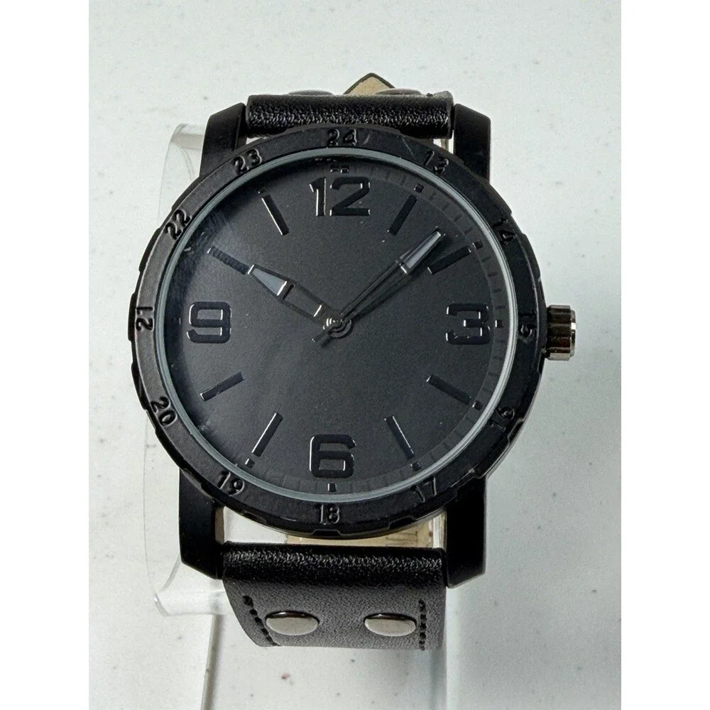 Black 45mm Quartz Watch Black Dial Faux Leather Strap
